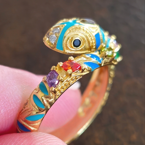 18KT GOLD/925 STERLING SILVER TURQUOISE DIAMOND EMERALD SNAKE ADJUSTABLE RING - Picture 9 of 16